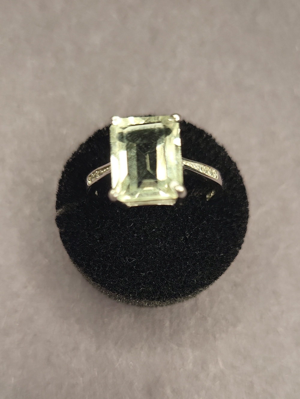 Elegant Emerald-Cut Light Green Gemstone Ring in Silver